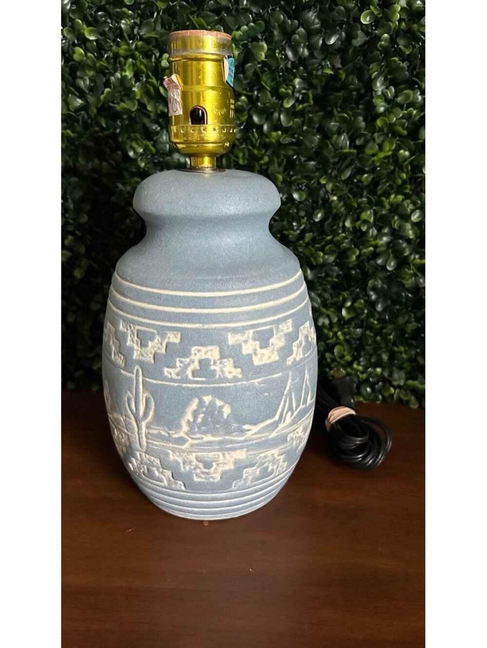 Vintage Southwest Ceramic Table Lamp Dusty Blue Cactus Desert Brass Socket
